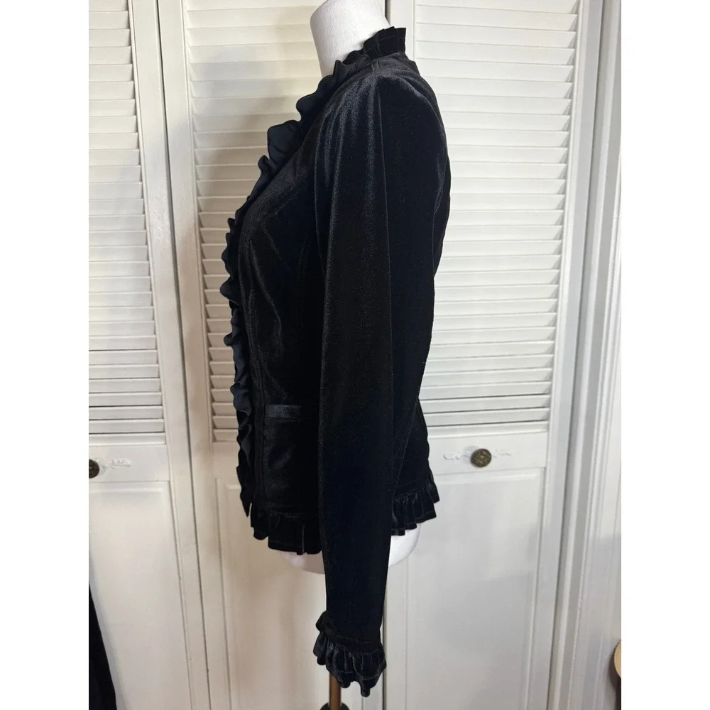 INC Black Velvet Goth Romantic Ruffle Blazer M Jacket Equestrian Riding Fairy - Picture 10 of 16